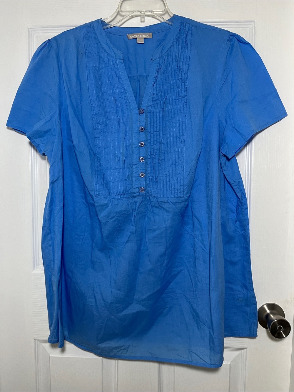 Woman Within 100% Cotton Blue Short-Sleeve Pintuck Blouse
